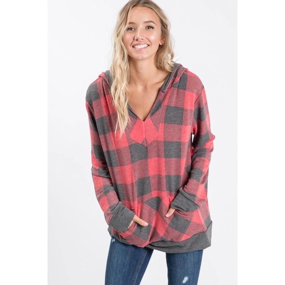 NWT!! Red & Gray Plaid V-Neck Hooded Top - Picture 3 of 9